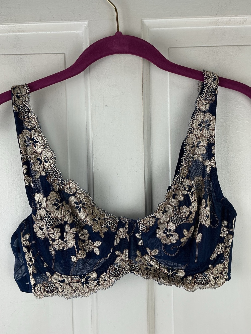 Navy Lace Balconette Underwire Bra with Gold Floral Embroidery 38B